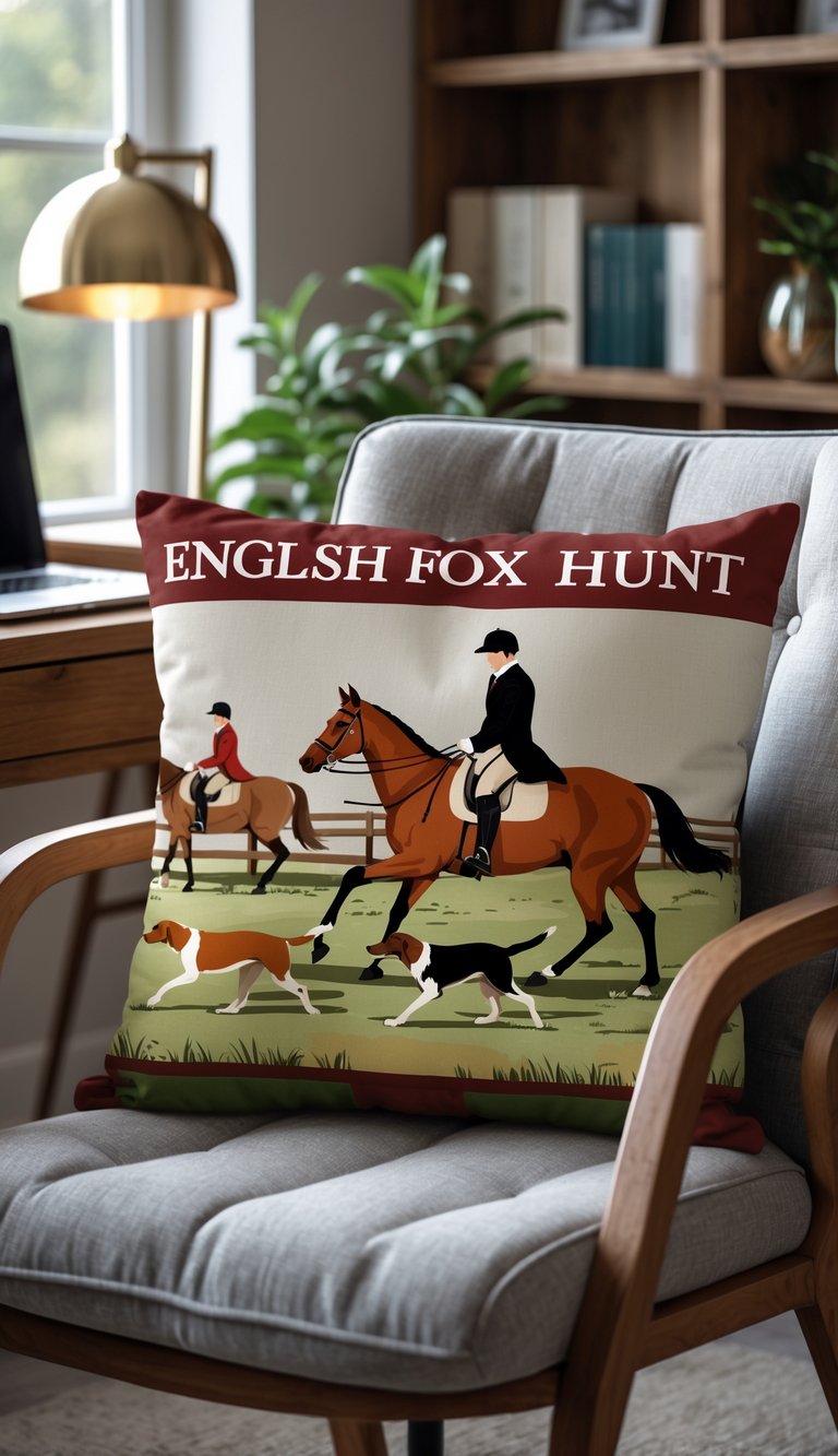 A home office with a wooden desk and a chair featuring a decorative pillow with a fox hunt design, surrounded by office items and a potted plant.
