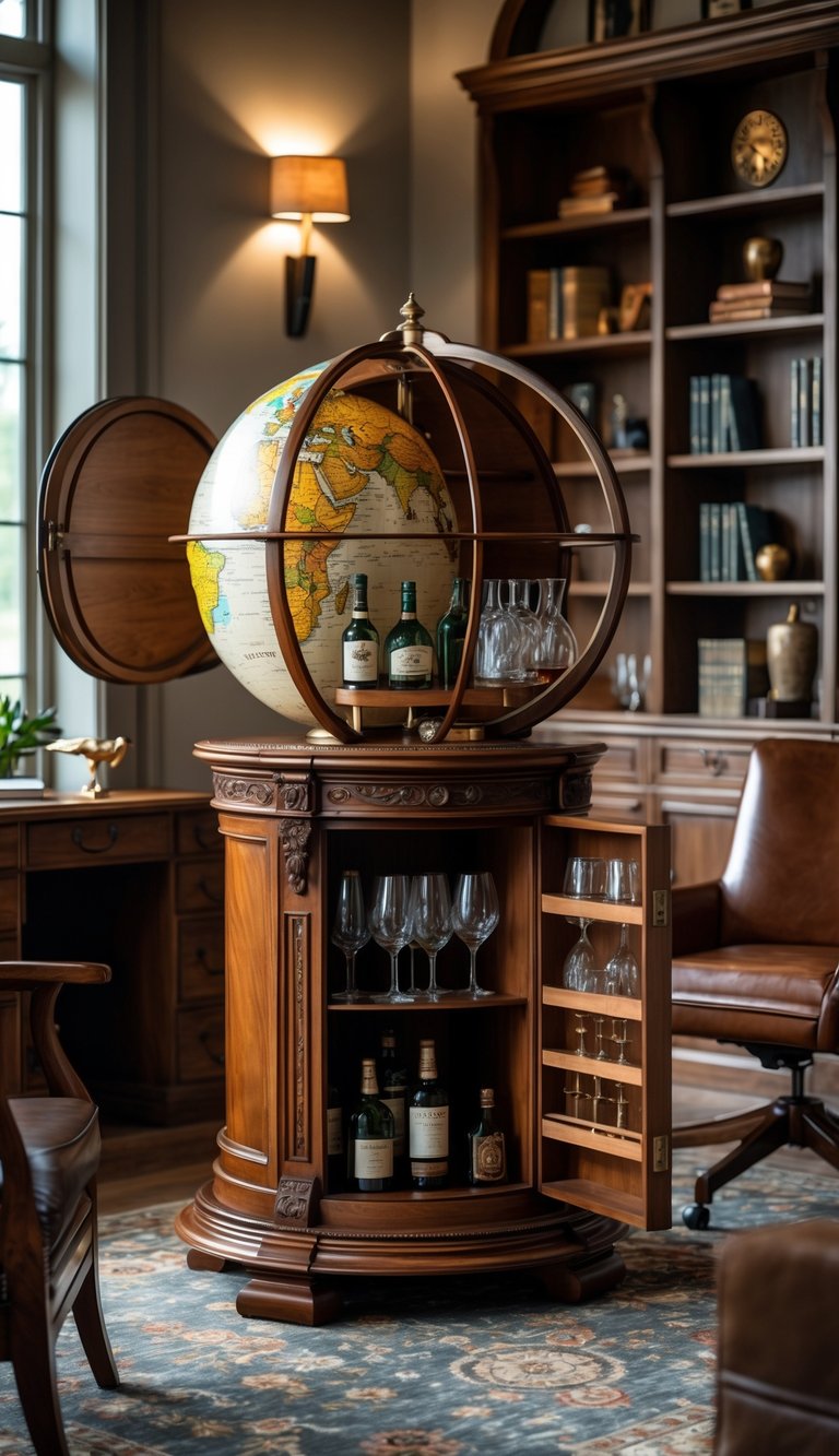 A vintage globe bar cabinet open in a home office with a wooden desk, leather chair, bookshelves, and warm lighting.