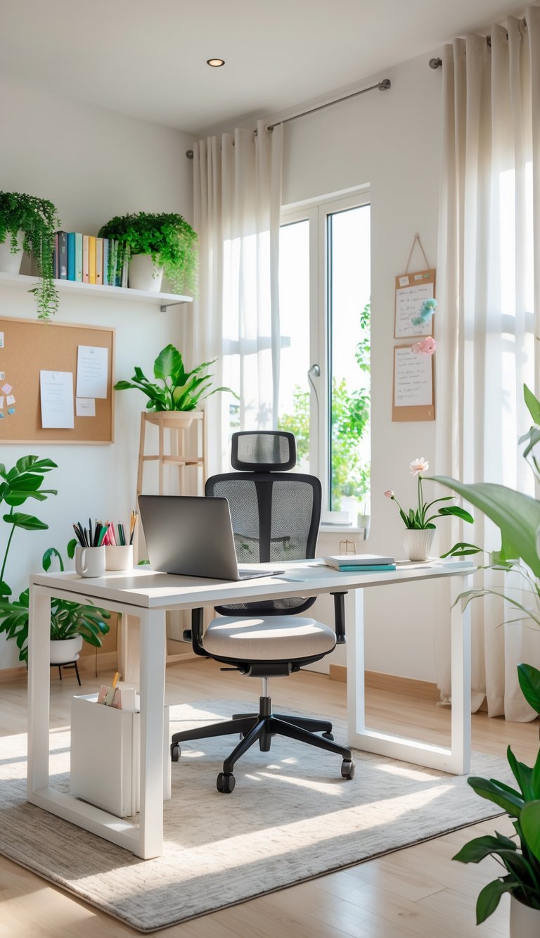 A well-lit home office with a desk, laptop, chair, plants, bookshelf, and natural light from windows.