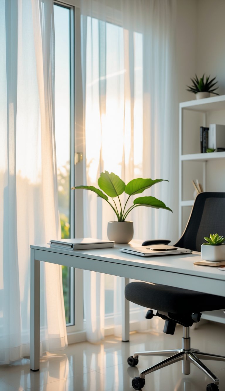 A home office with a desk near a large window letting in natural light, featuring a laptop, notebook, plant, and an ergonomic chair.