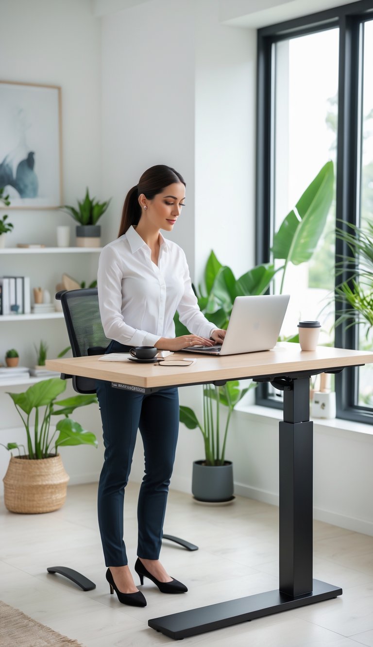 A woman standing at an adjustable desk in a bright home office, working on a laptop surrounded by plants and books.