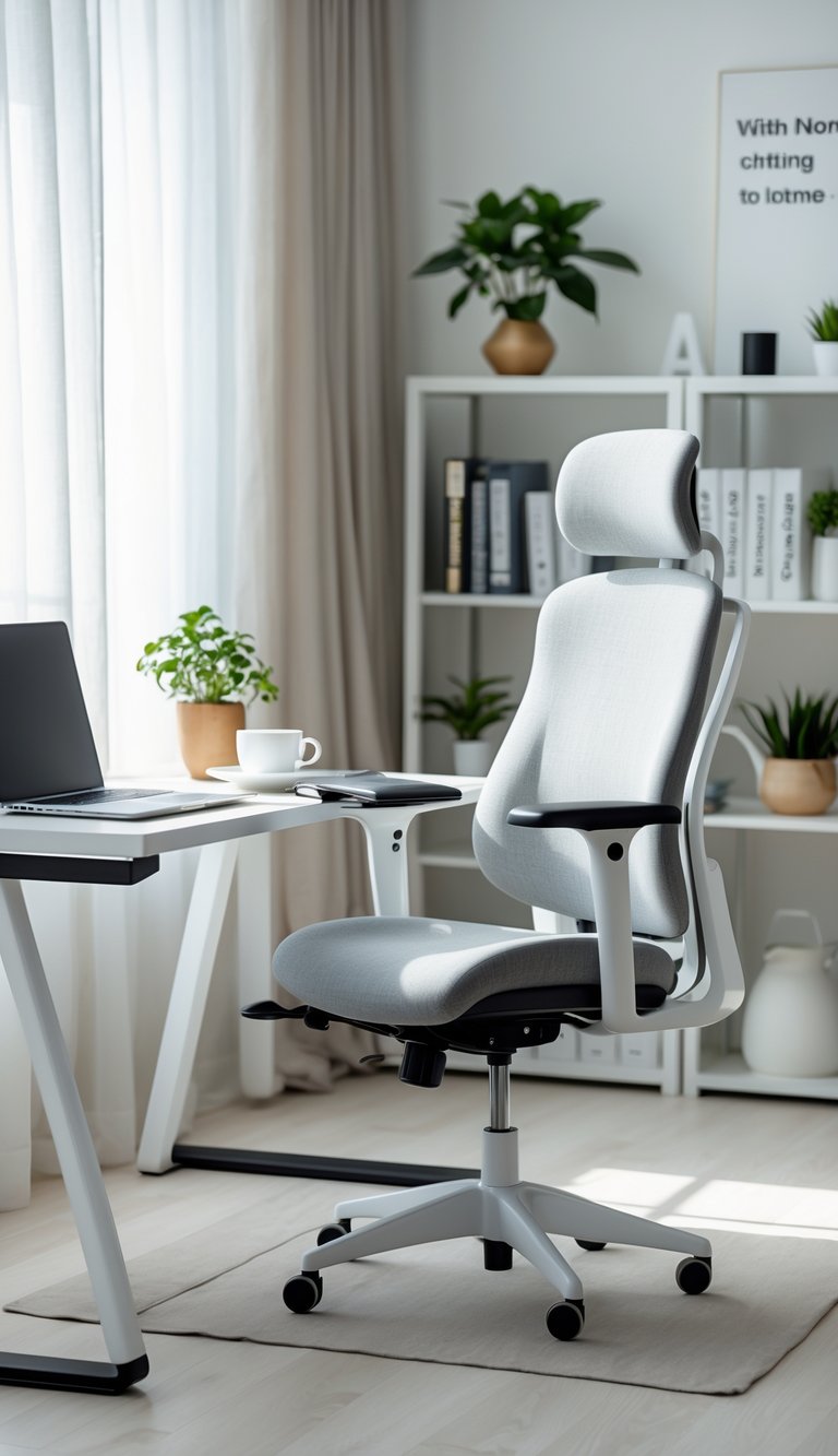 A modern home office with an ergonomic office chair, desk with laptop and plants, and natural light coming through a window.