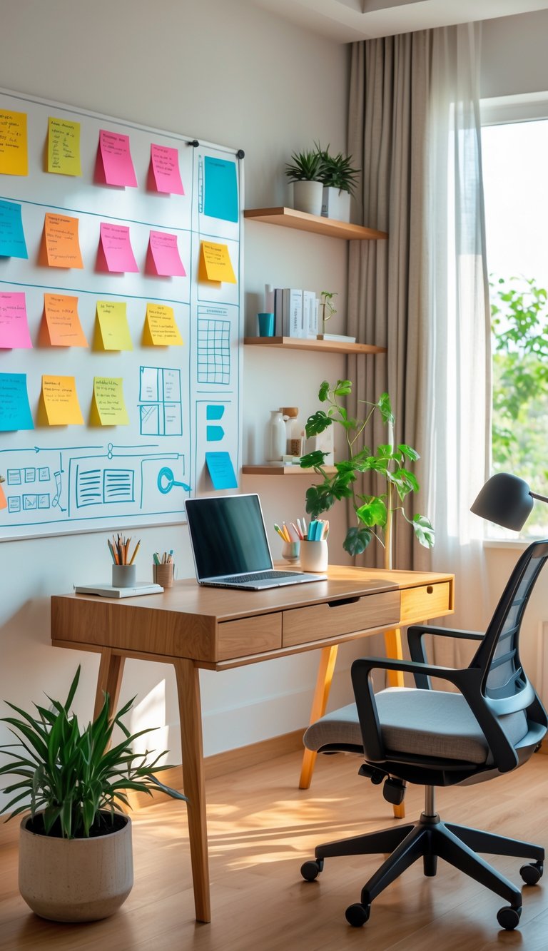 A modern home office with a whiteboard wall covered in colorful notes, a wooden desk with a laptop, an ergonomic chair, and natural light coming through a window.