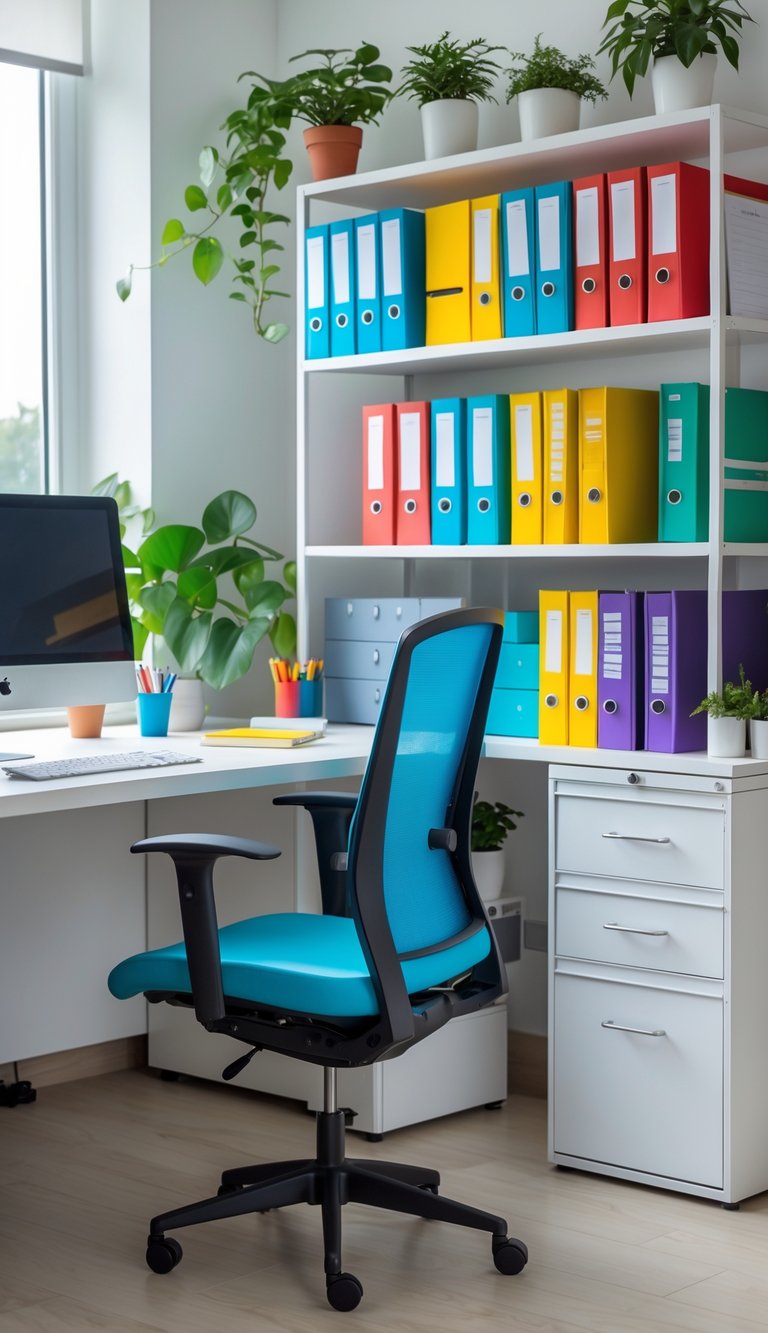 A tidy home office with a desk, computer, ergonomic chair, and colorful filing folders organized on shelves and a filing cabinet.