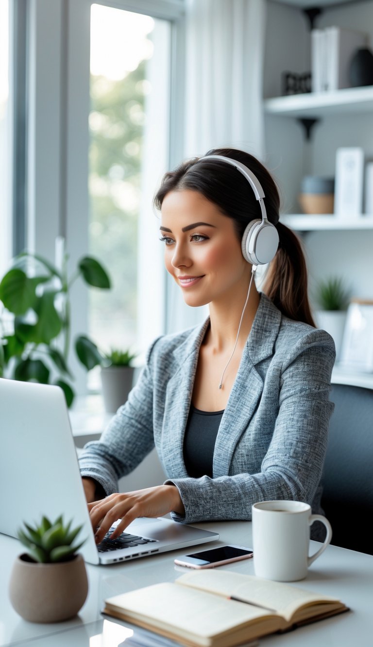 A woman wearing noise-cancelling headphones working at a tidy home office desk with a laptop and plants.