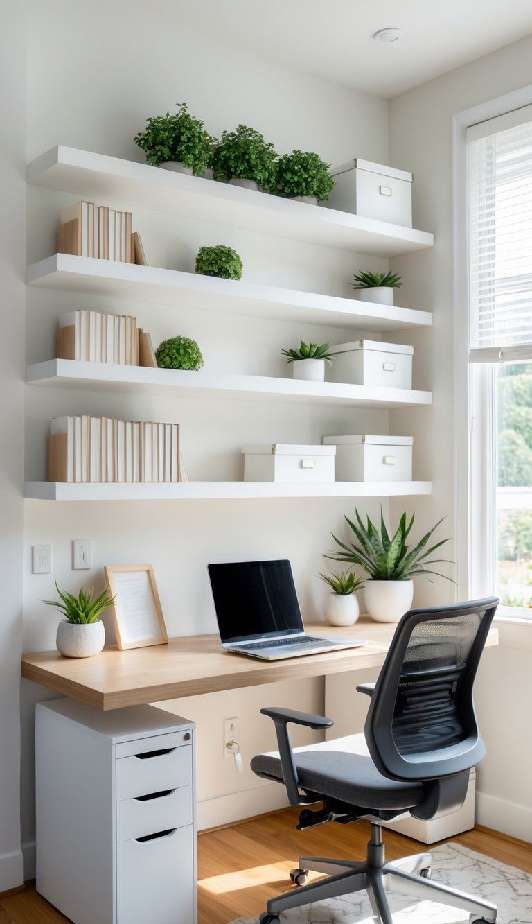 A home office with floating shelves holding books and plants, a wooden desk with a laptop, and a chair near a window.