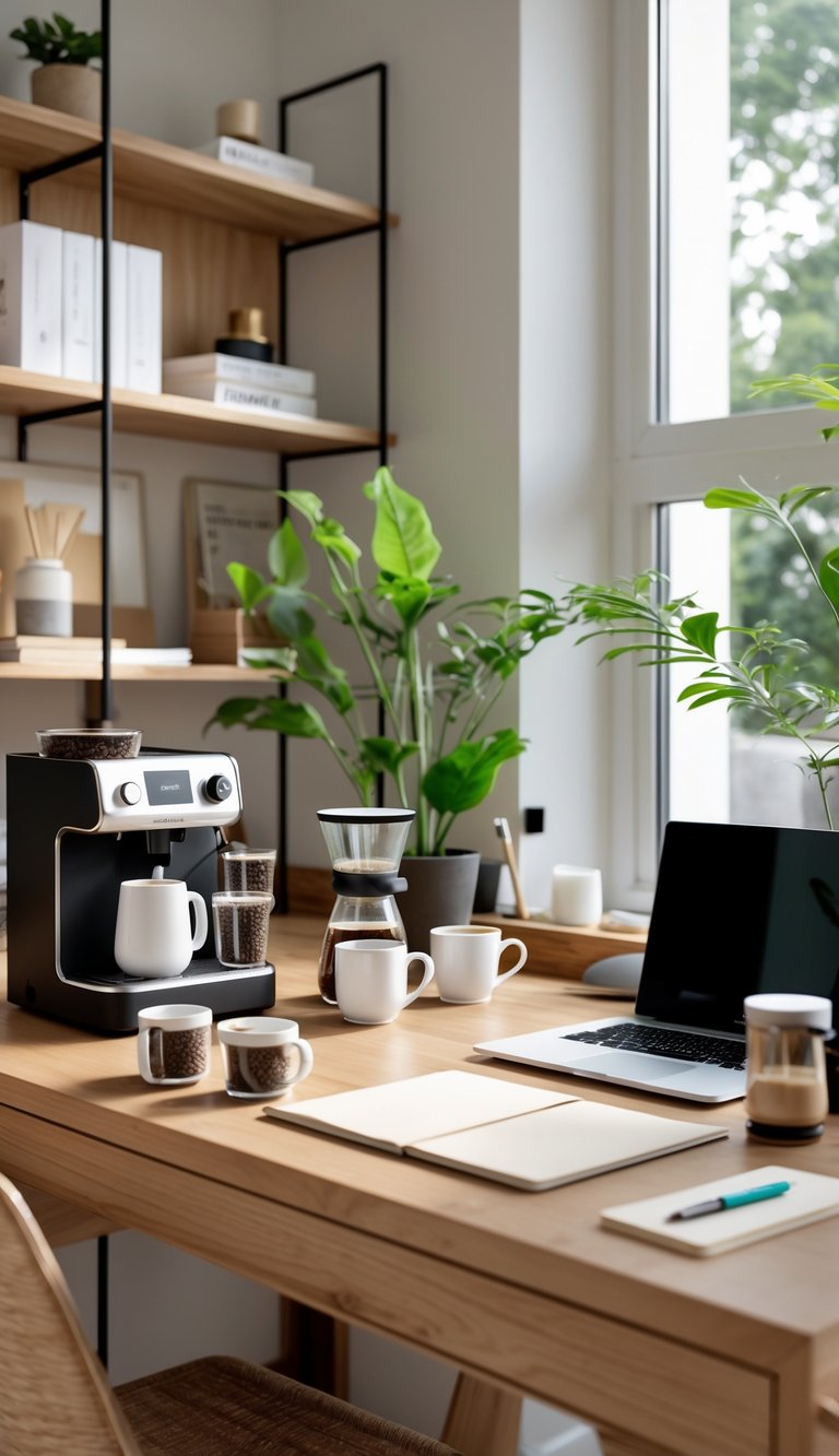 A home office coffee station with a coffee machine, mugs, a laptop, notebook, and plants on a wooden desk near a window.
