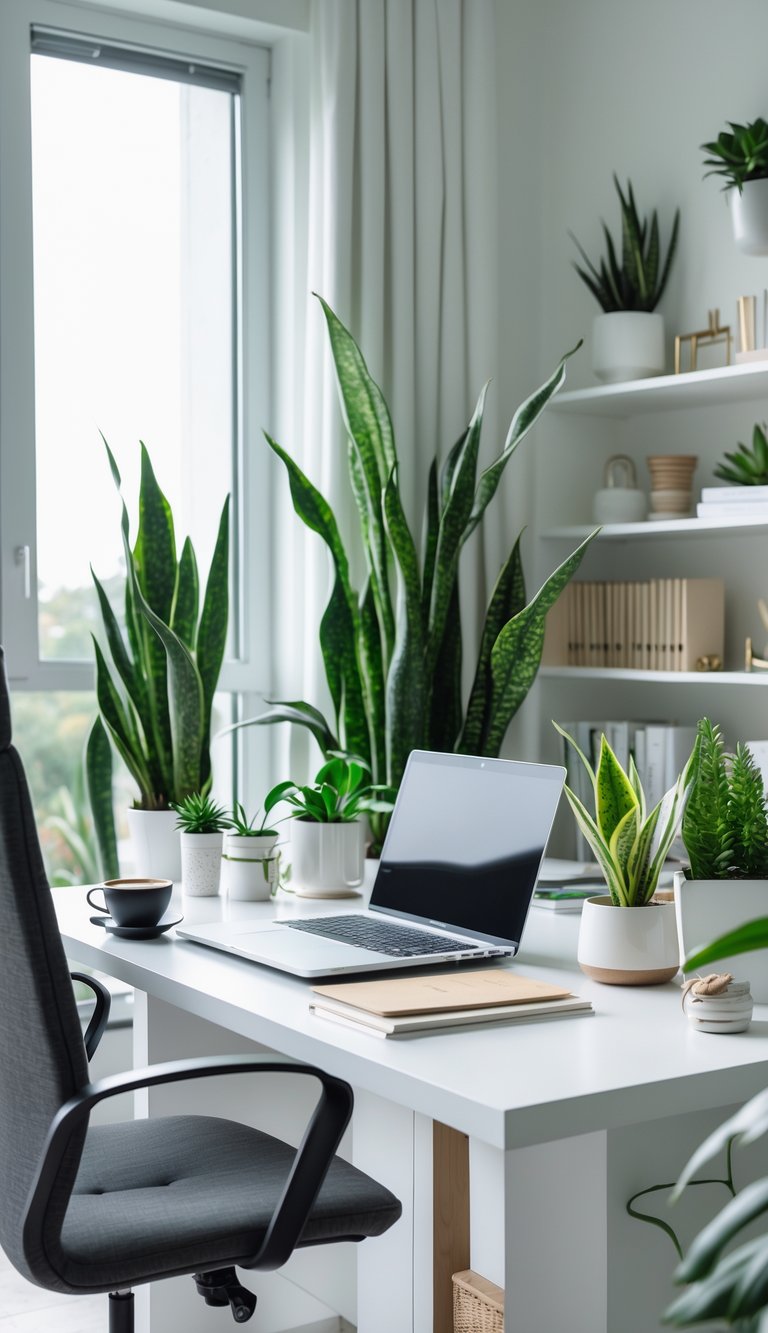 A bright home office with a white desk, laptop, coffee cup, and several indoor plants placed around the room.