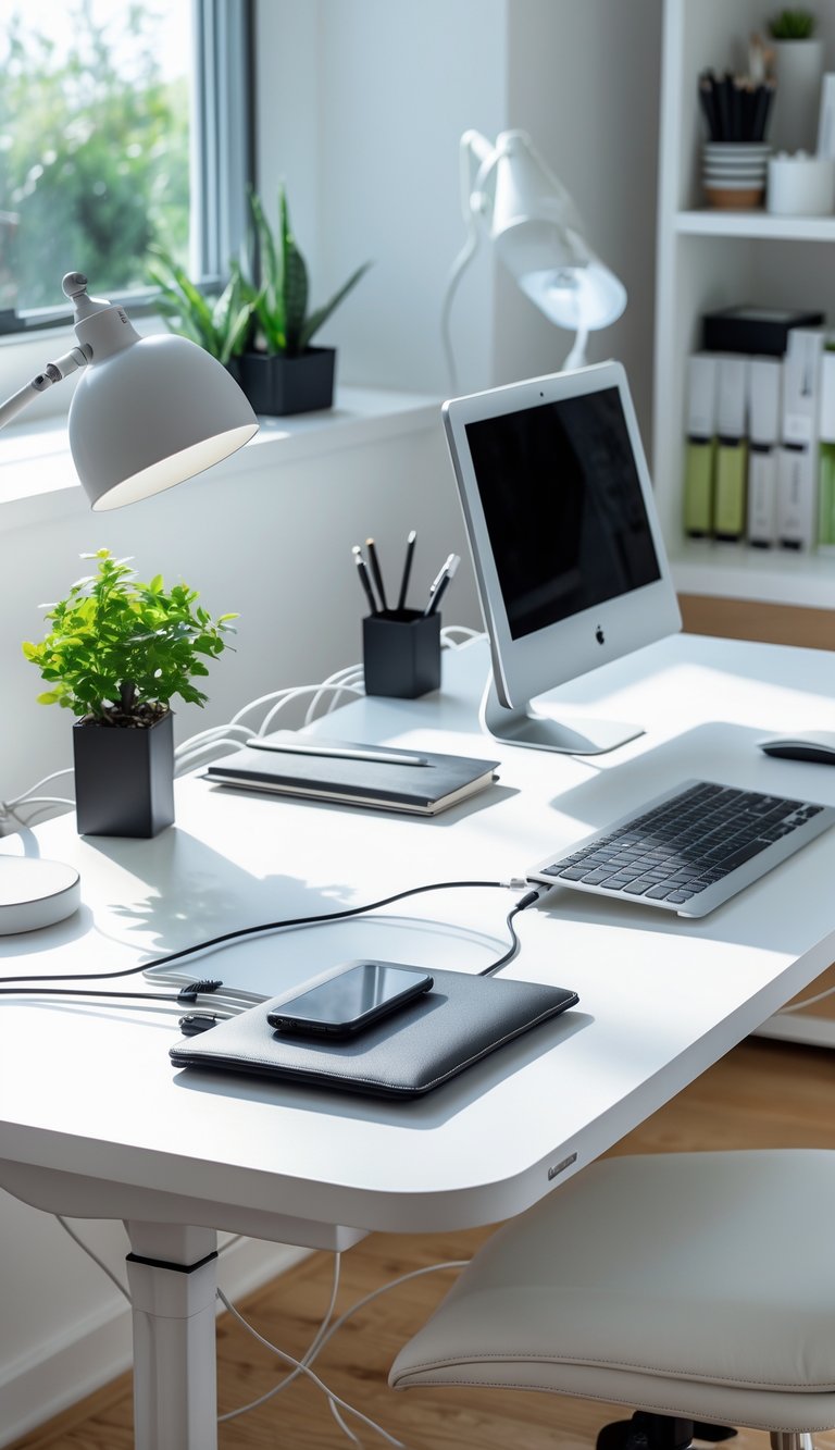 A clean and organized home office desk with a laptop, cable organizers managing cords, a desk lamp, and a small plant near a window.