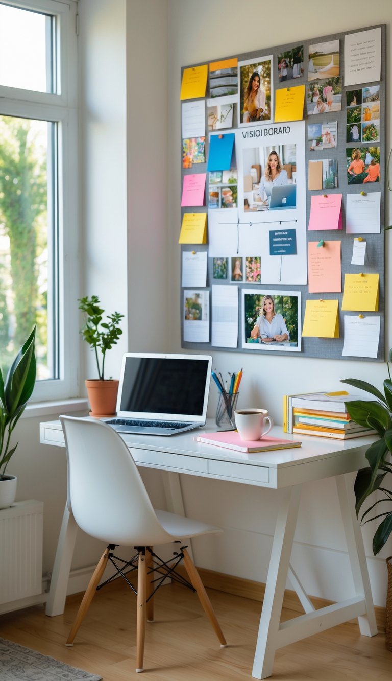 A home office workspace with a desk, laptop, coffee cup, and a vision board filled with pictures and notes on the wall nearby.