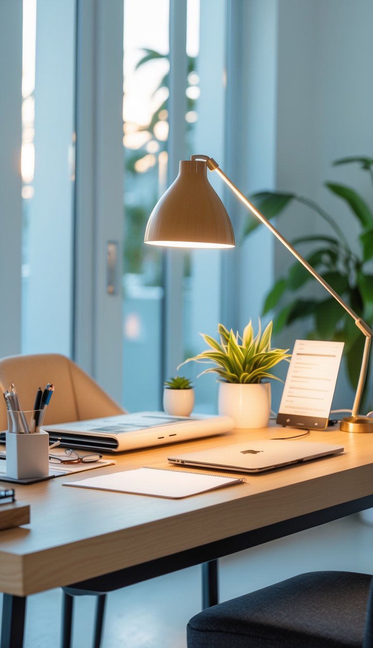 A home office workspace with a wooden desk, a stylish desk lamp, a laptop, and a potted plant near a window with natural light.