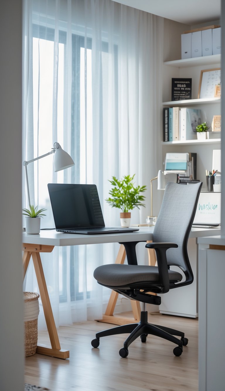 A bright home office with a desk, laptop, chair, plant, and shelves filled with books and decor, illuminated by natural light from a window.