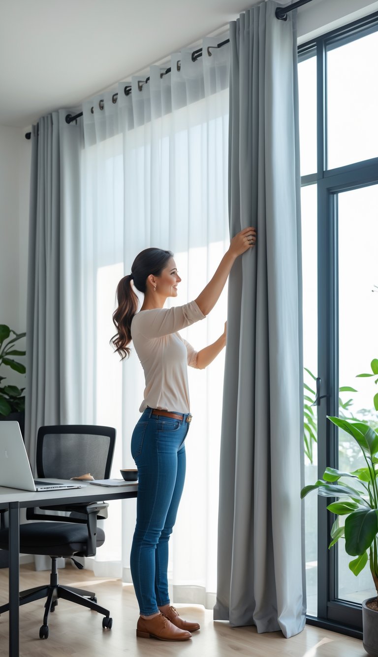 A woman installing blackout curtains in a tidy home office with a desk, laptop, and plants.