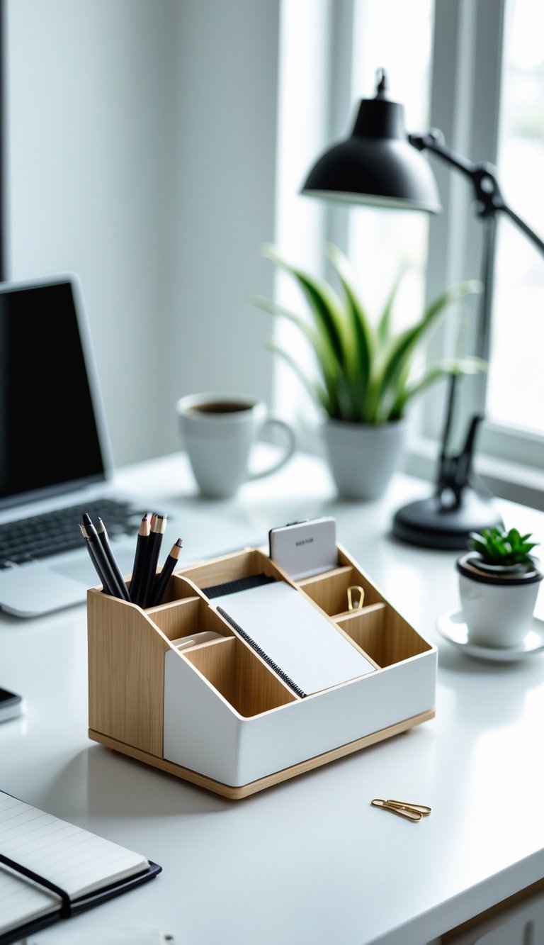 A tidy home office desk with a minimalist desk organizer holding stationery items, a laptop, a lamp, a small plant, and a cup of coffee.