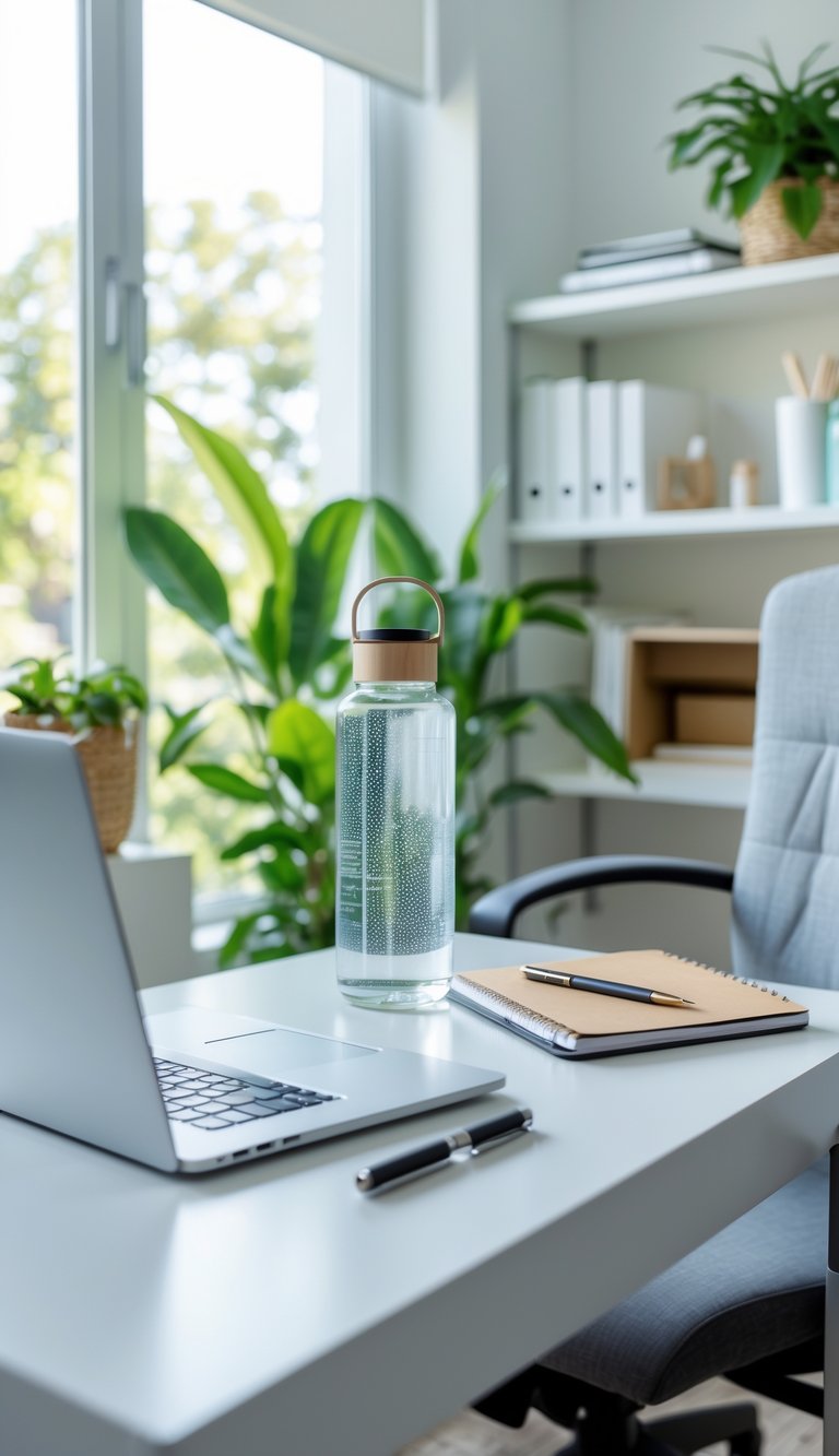 A bright home office with a desk, laptop, water bottle, plants, and organized shelves.