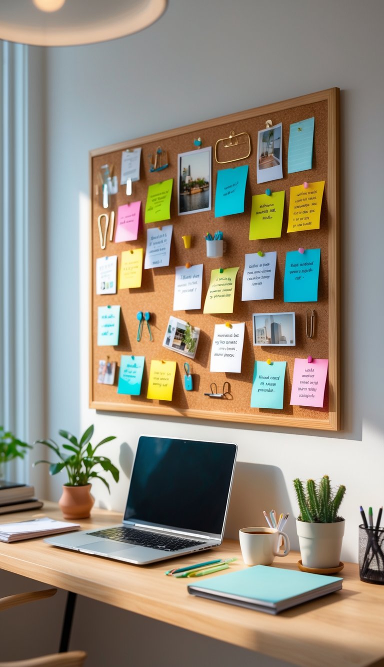 A cork bulletin board with colorful notes and photos in a tidy home office workspace with a laptop, plant, and coffee cup.
