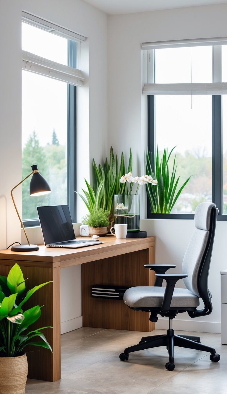 A bright home office with a wooden desk, laptop, small indoor water fountain, green plants, and natural light from large windows.