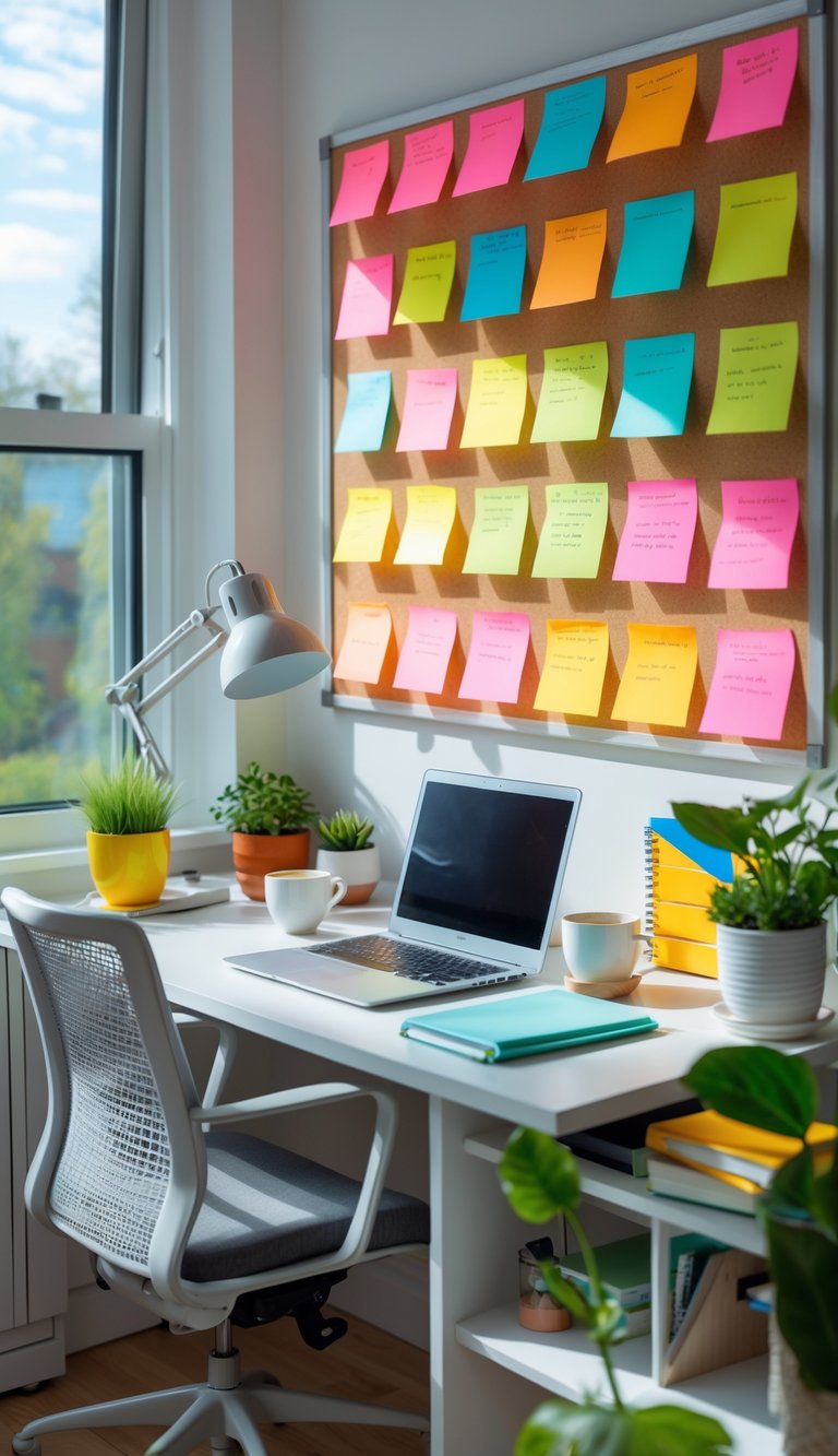 A tidy home office desk with colorful sticky notes arranged on a board above it, a laptop, plants, and office supplies.
