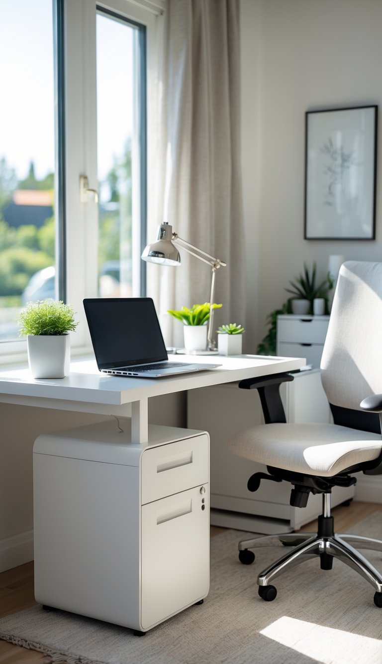 A tidy home office with a compact file cabinet next to a desk, a laptop, a plant, and an ergonomic chair.