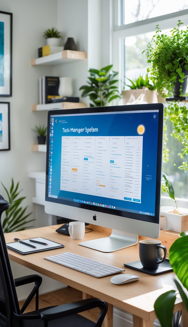 A woman’s modern home office with a computer displaying a digital task manager, a wooden desk, ergonomic chair, plants, and organized workspace.