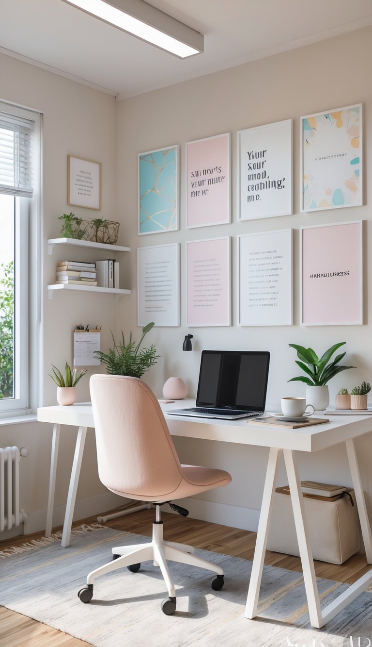A bright home office with a desk, chair, laptop, plants, and inspirational art prints on the walls.