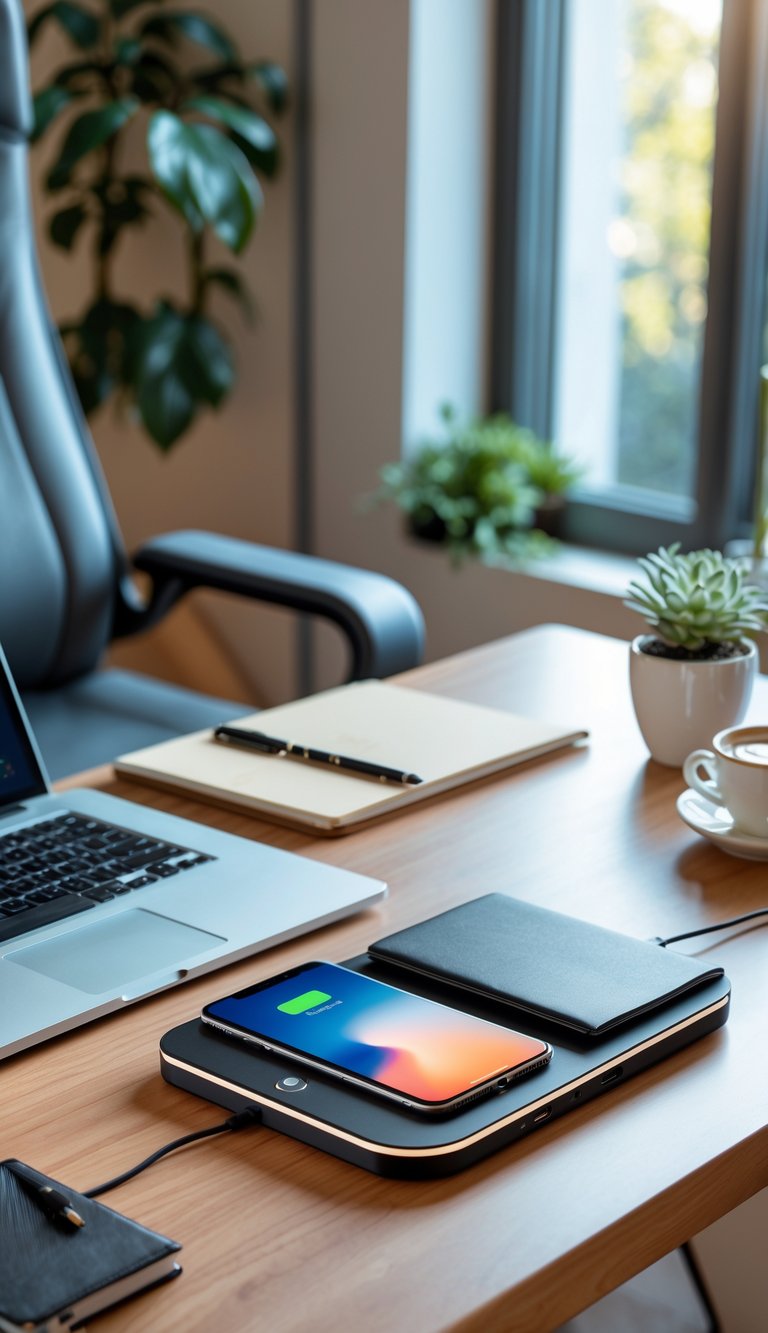 A modern home office desk with a wireless charging pad charging a smartphone, a laptop, notebook, coffee cup, and a small plant near a window.