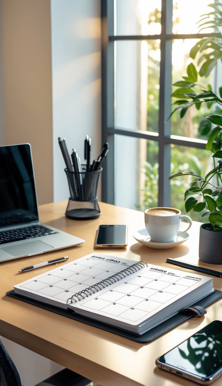A home office desk with an open calendar planner, laptop, coffee cup, pen holder, smartphone, and a small plant in natural light.
