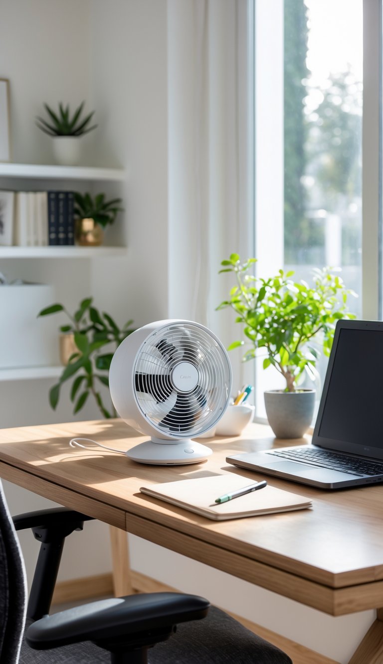 A small desk fan on a wooden desk in a bright home office with a laptop, notebook, plant, and shelves in the background.