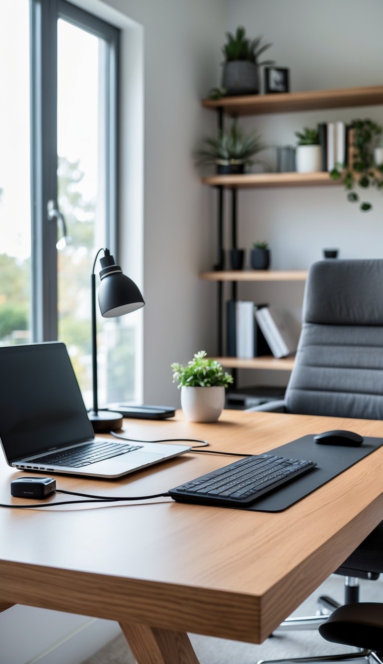 A clean home office desk with cables organized through desk grommets, a laptop, plant, and lamp, with a chair and bookshelf in the background.