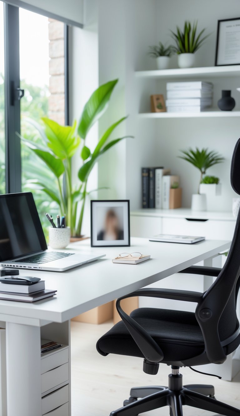 A modern home office with a desk, laptop, ergonomic chair, personal photo frame, plants, and shelves filled with books and decor.