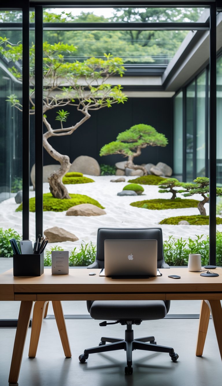 A home office with a wooden desk, laptop, ergonomic chair, and a zen garden visible through a glass window in the background.