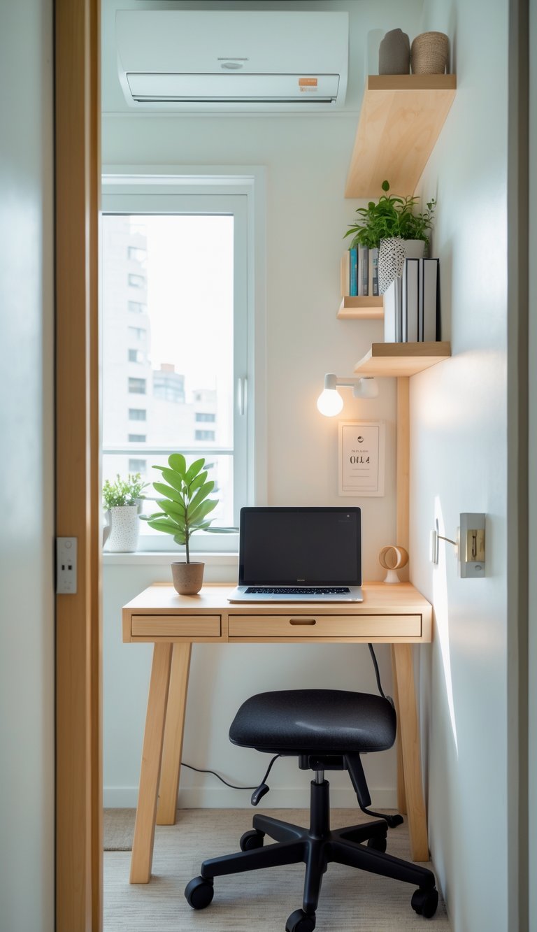A small home office corner in an apartment with a compact desk, laptop, plant, and shelves near a window.