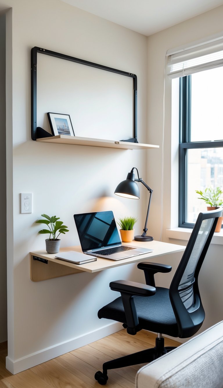A small home office setup with a fold-down wall desk, laptop, plant, and chair in a bright apartment corner.