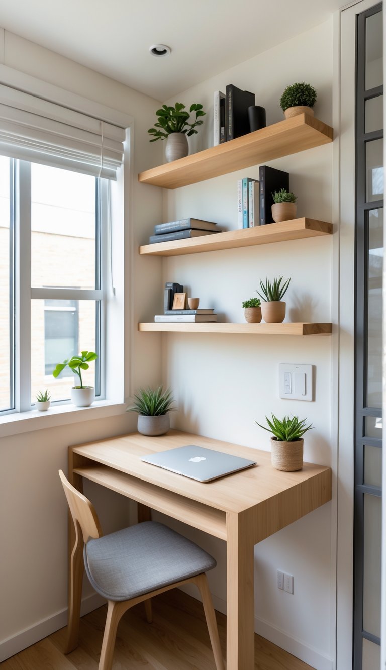 A small home office with a wooden desk and floating shelves above it holding books and plants.