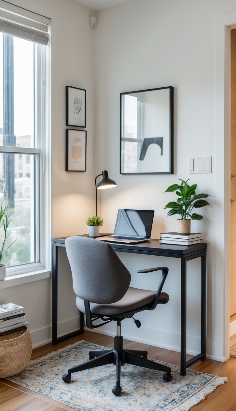 A narrow console table set up as a small home office with a laptop, desk lamp, books, and a plant in a bright, tidy apartment space.
