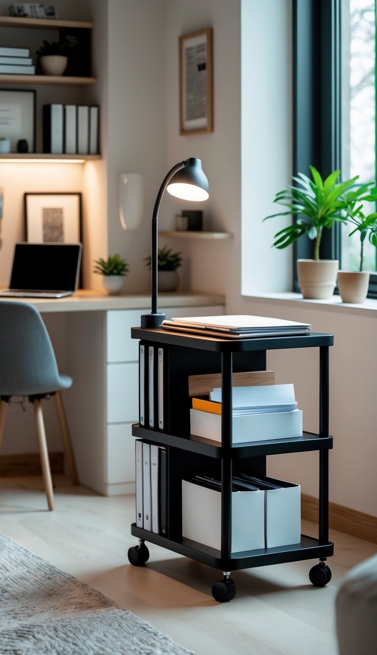 A small home office setup with a rolling storage cart next to a desk in a compact apartment room.