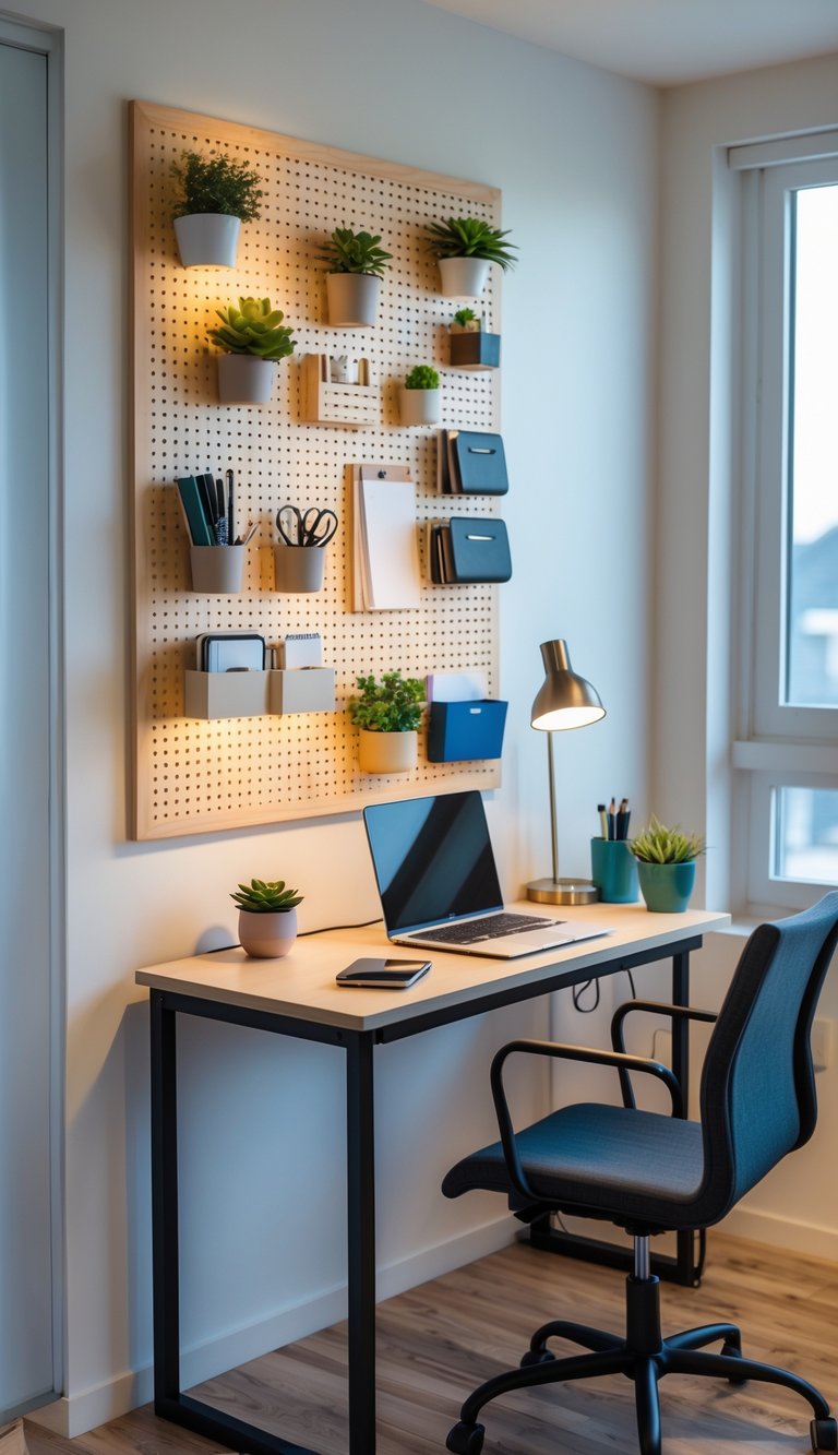 A small home office with a pegboard wall organizer holding office supplies above a desk with a laptop and lamp.