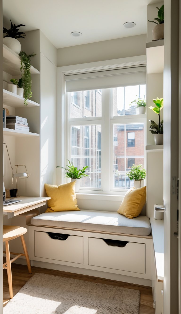 A window seat with built-in storage drawers beneath it, placed in front of a large window with natural light, surrounded by shelves with books and plants, next to a small desk and chair in a compact apartment space.