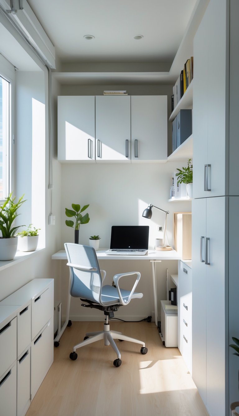 A small, organized home office with slim filing cabinets, a desk with a laptop, chair, shelves, and plants near a window.