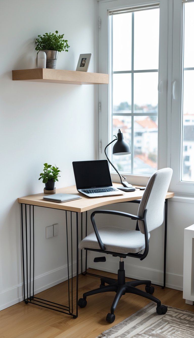 A small home office with a corner desk, laptop, chair, and plants in a bright room.
