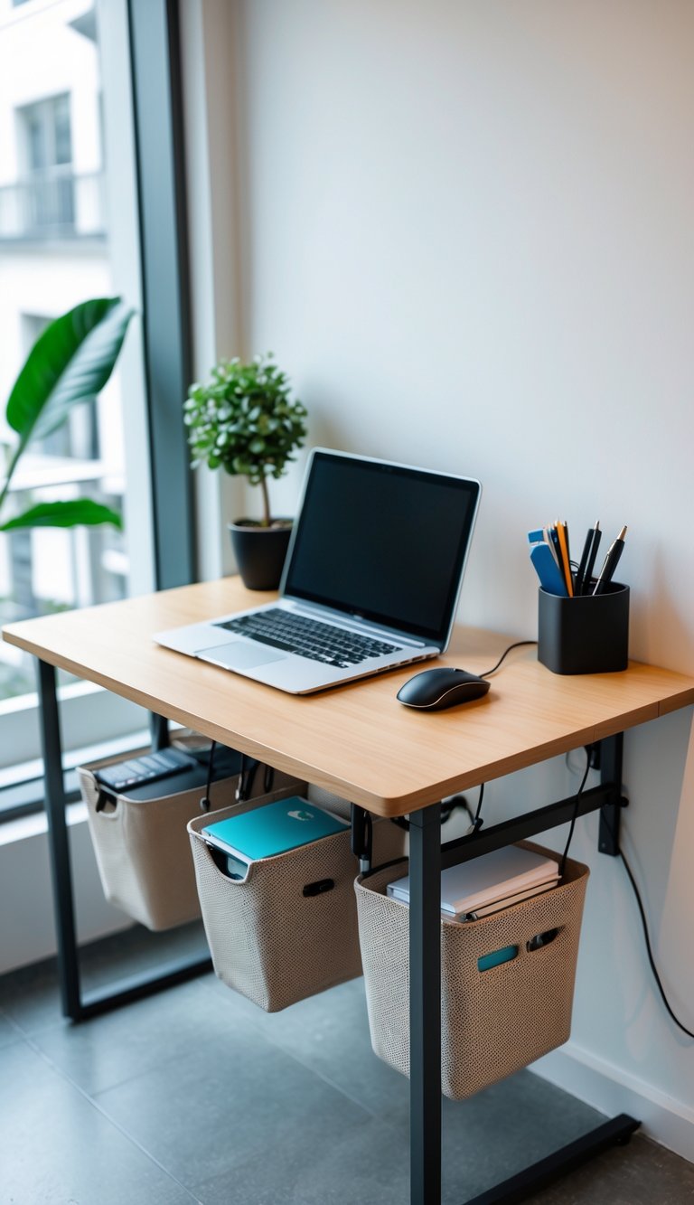 A small home office with a wooden desk and under-desk hanging baskets holding office supplies, lit by natural light from a nearby window.