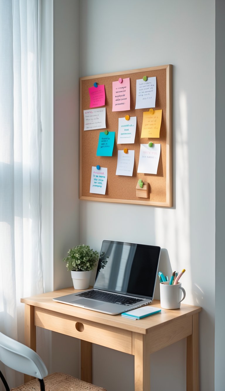 A small home office corner with a mounted corkboard filled with pinned notes above a wooden desk holding a laptop, plant, and stationery.