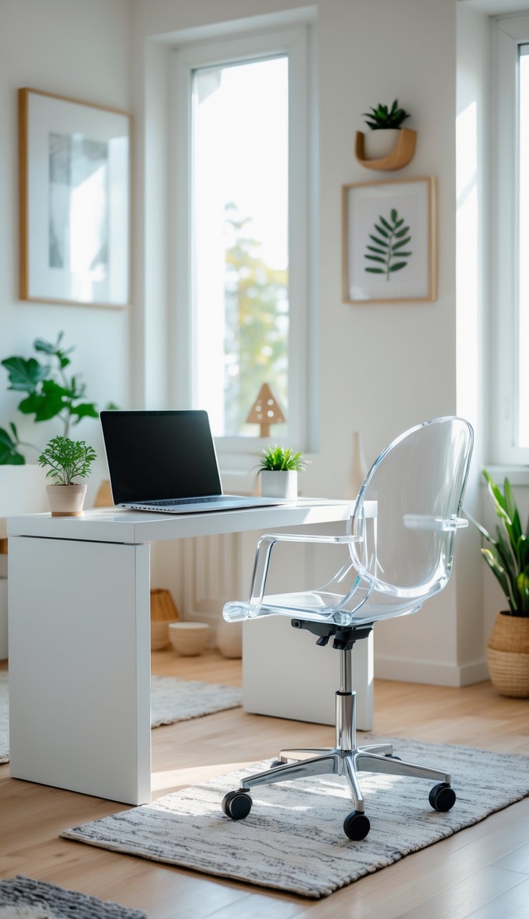 A small home office setup with a clear acrylic chair at a white desk near a window with natural light.
