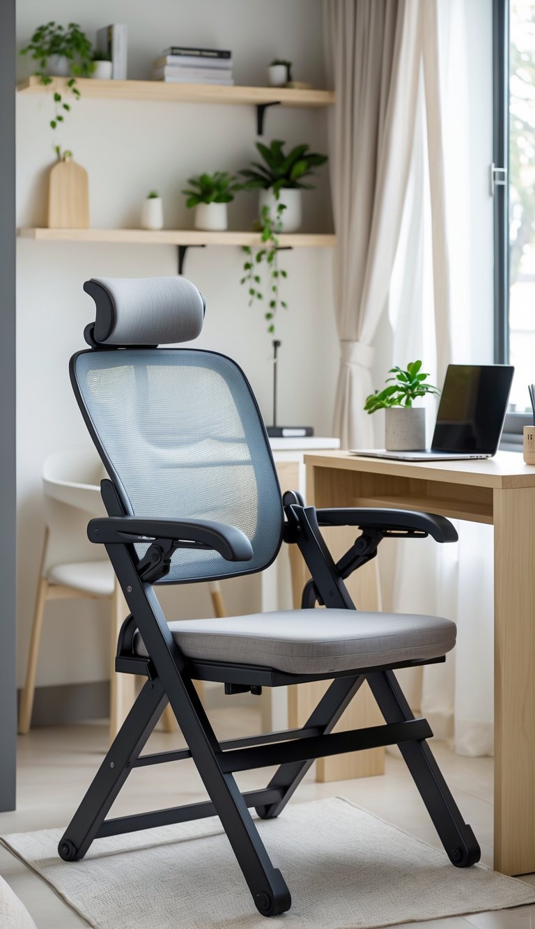 Foldable ergonomic chair in a small home office with a wooden desk, laptop, and a potted plant near a window in a compact apartment.