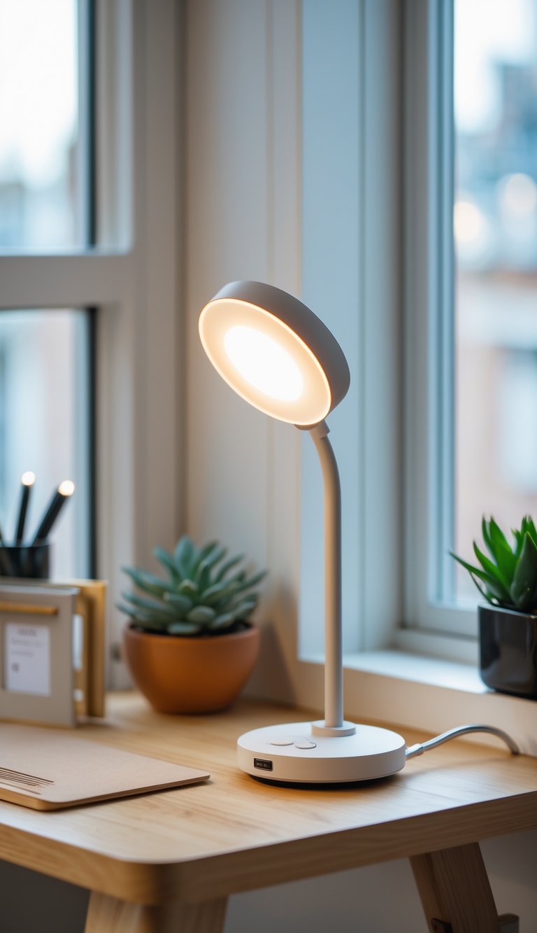 A small desk lamp with adjustable brightness on a compact wooden desk in a tiny home office setup with natural light and minimal decor.