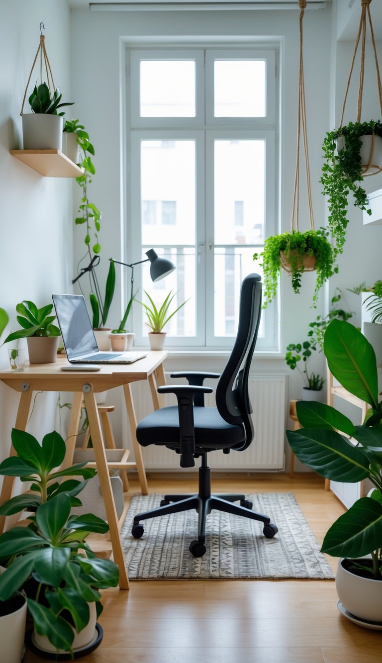 A small home office with a desk, laptop, chair, and several green plants near a window in a tidy apartment.