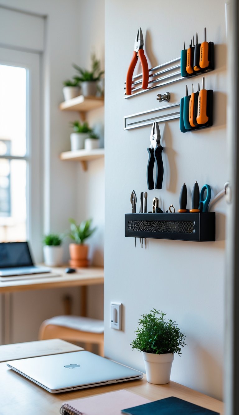 A small home office with a magnetic strip holding metal tools above a tidy desk in a compact apartment.