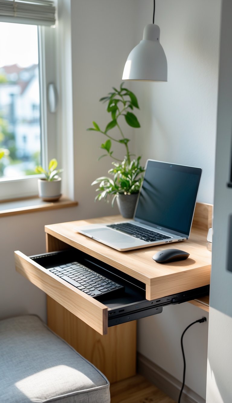 A small home office with a wooden desk featuring a pulled-out retractable keyboard tray, a laptop, and a potted plant near a window.