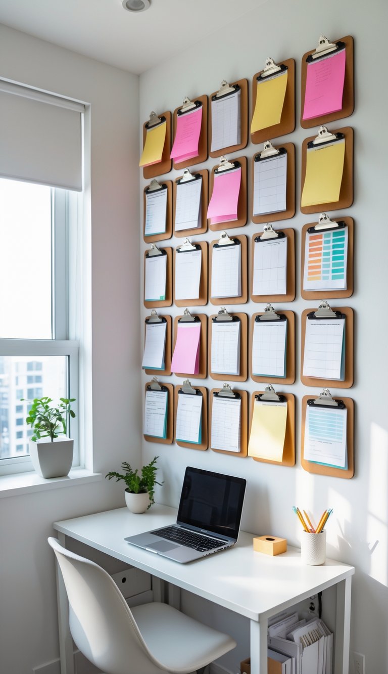 A small apartment home office with clipboards hung on the wall for task tracking, a desk with a laptop and a plant, and natural light coming through a window.