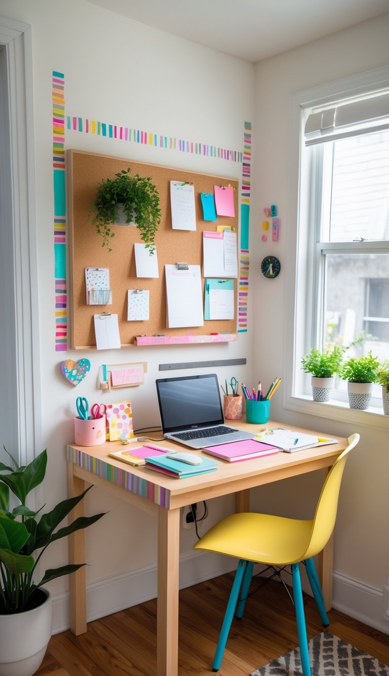 A small home office desk decorated with colorful washi tape, a laptop, notebooks, plants, and bright natural lighting.